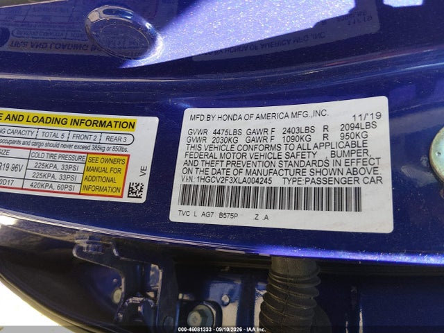 2020 Honda Accord Sport 2.0t მანქანა იყიდება აუქციონზე, vin: 1HGCV2F3XLA004245, აუქციონის ნომერი: 46081333
