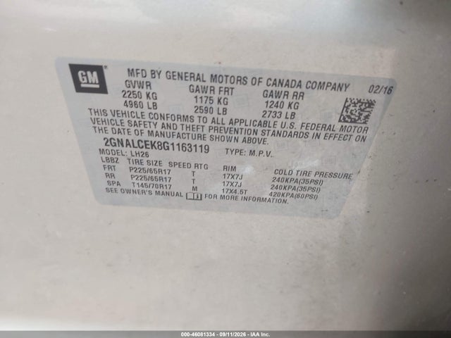 2016 Chevrolet Equinox Lt მანქანა იყიდება აუქციონზე, vin: 2GNALCEK8G1163119, აუქციონის ნომერი: 46081334