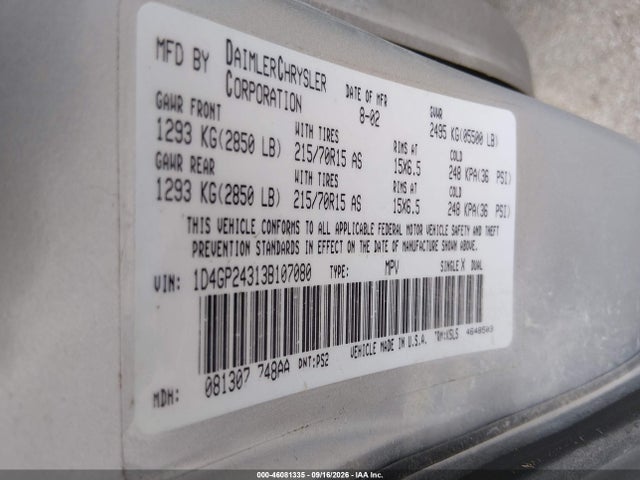 Продаж на аукціоні авто 2003 Dodge Grand Caravan Se, vin: 1D4GP24313B107080, номер лоту: 46081335