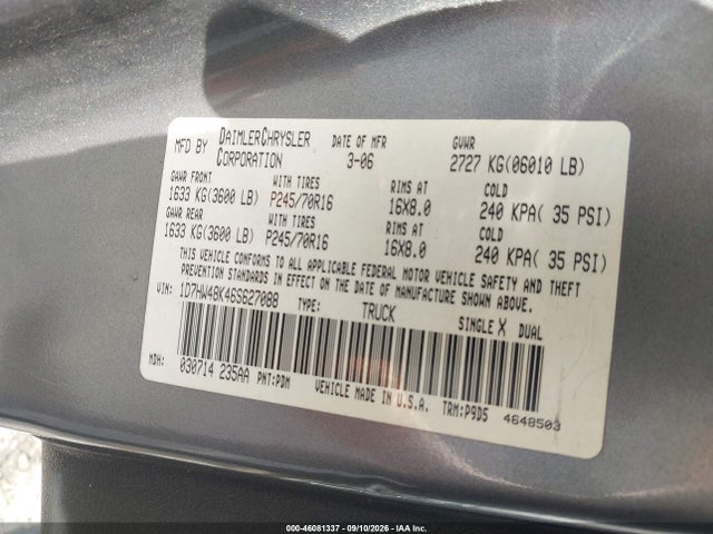 Продаж на аукціоні авто 2006 Dodge Dakota Slt, vin: 1D7HW48K46S627088, номер лоту: 46081337