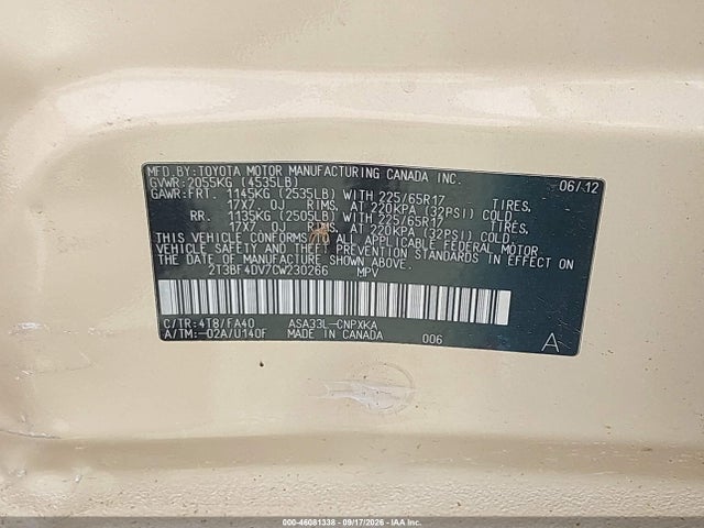46081338 :رقم المزاد ، 2T3BF4DV7CW230266 vin ، 2012 Toyota Rav4 مزاد بيع