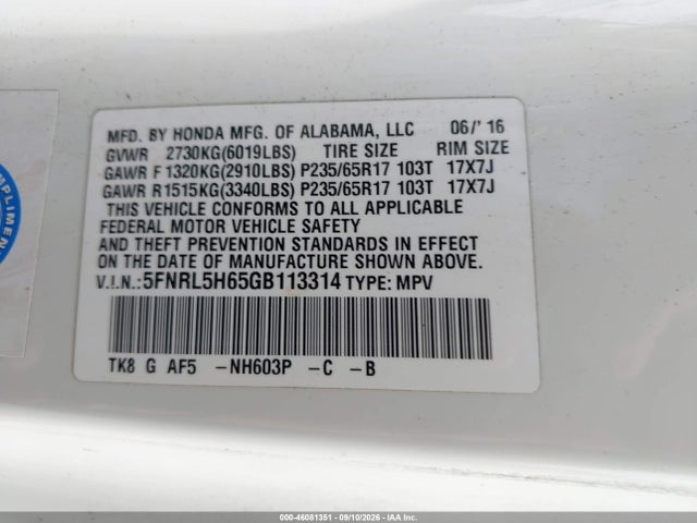 Honda Odyssey Ex-l 2016 5FNRL5H65GB113314 Image 9