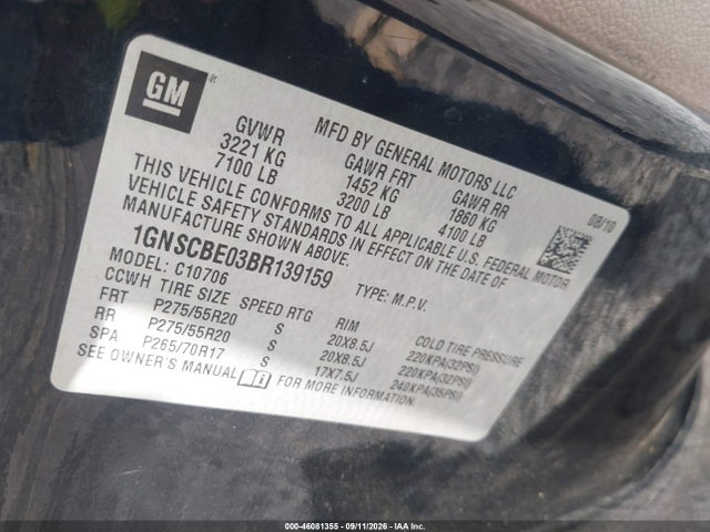 46081355 :رقم المزاد ، 1GNSCBE03BR139159 vin ، 2011 Chevrolet Tahoe Lt مزاد بيع