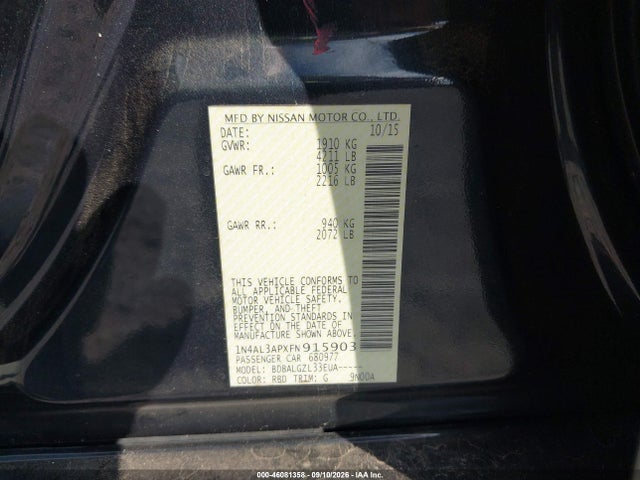 Продаж на аукціоні авто 2015 Nissan Altima 2.5 S, vin: 1N4AL3APXFN915903, номер лоту: 46081358