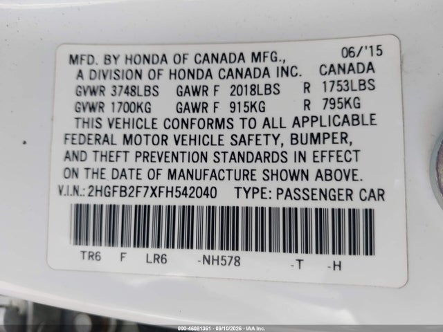 Honda CIVIC SE 2015 2HGFB2F7XFH542040 Image 9