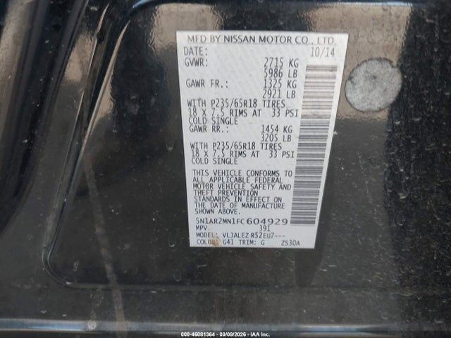 Nissan Pathfinder Platinum/s/sl/sv 2015 5N1AR2MN1FC604929 Image 9