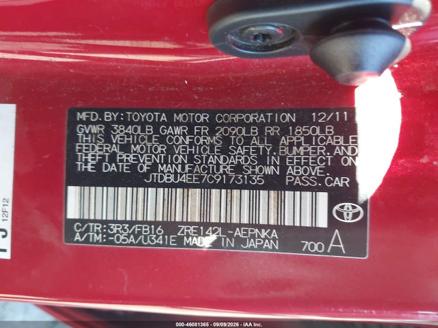 2012 Toyota Corolla Le მანქანა იყიდება აუქციონზე, vin: JTDBU4EE7C9173135, აუქციონის ნომერი: 46081365