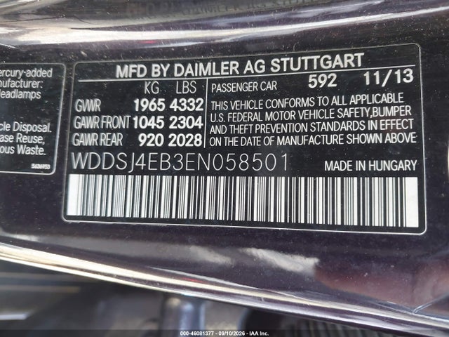 Aukcja sprzedaży 2014 Mercedes-benz Cla 250, vin: WDDSJ4EB3EN058501, numer aukcji: 46081377