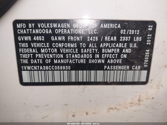 2012 Volkswagen Passat 2.0l Tdi Sel Premium მანქანა იყიდება აუქციონზე, vin: 1VWCN7A38CC059930, აუქციონის ნომერი: 46081382