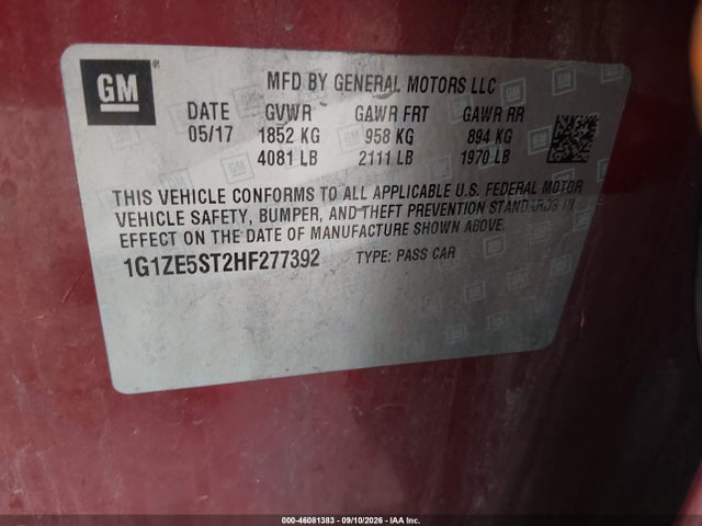 46081383 :رقم المزاد ، 1G1ZE5ST2HF277392 vin ، 2017 Chevrolet Malibu 1lt مزاد بيع