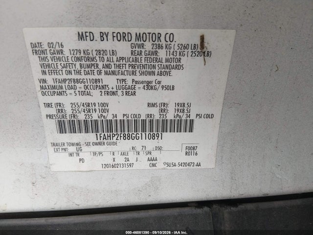 Продаж на аукціоні авто 2016 Ford Taurus Limited, vin: 1FAHP2F88GG110891, номер лоту: 46081390