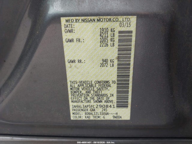 Продаж на аукціоні авто 2015 Nissan Altima 2.5 Sv, vin: 1N4AL3AP5FC290841, номер лоту: 46081401