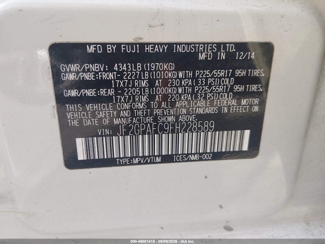 46081418 :رقم المزاد ، JF2GPAFC9FH228589 vin ، 2015 Subaru Xv Crosstrek 2.0i Premium مزاد بيع