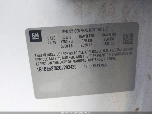 46081419 :رقم المزاد ، 1G1BE5SM2G7293420 vin ، 2016 Chevrolet Cruze Lt Auto مزاد بيع