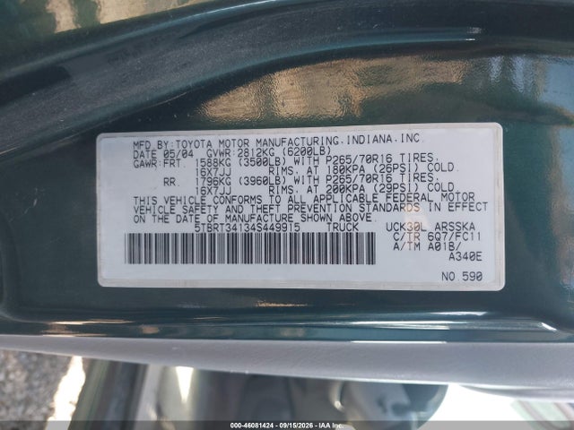 Aukcja sprzedaży 2004 Toyota Tundra Sr5 V8, vin: 5TBRT34134S449915, numer aukcji: 46081424