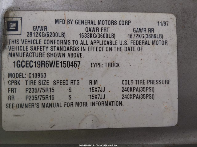 Aukcja sprzedaży 1998 Chevrolet C1500 Fleetside, vin: 1GCEC19R6WE150467, numer aukcji: 46081429