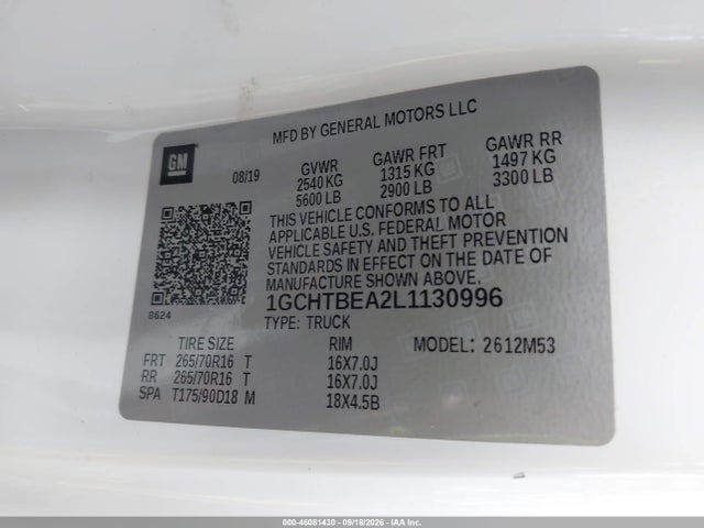 46081430 :رقم المزاد ، 1GCHTBEA2L1130996 vin ، 2020 Chevrolet Colorado 4wd  Long Box Wt مزاد بيع