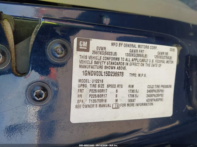 46081440 :رقم المزاد ، 1GNDV03L15D236978 vin ، 2005 Chevrolet Uplander مزاد بيع