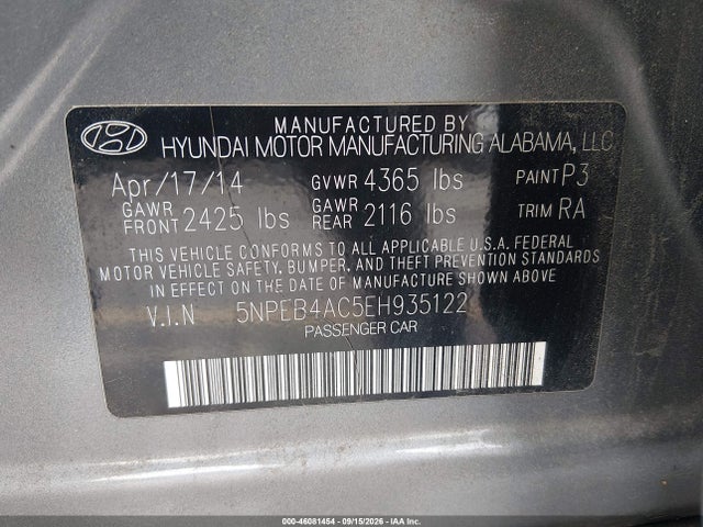 Aukcja sprzedaży 2014 Hyundai Sonata Gls, vin: 5NPEB4AC5EH935122, numer aukcji: 46081454