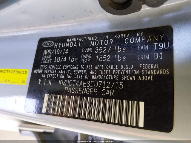 46081456 :رقم المزاد ، KMHCT4AE3EU712715 vin ، 2014 Hyundai Accent Gls مزاد بيع