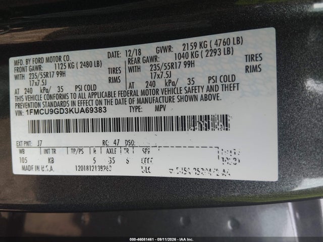 46081461 :رقم المزاد ، 1FMCU9GD3KUA69383 vin ، 2019 Ford Escape Se مزاد بيع