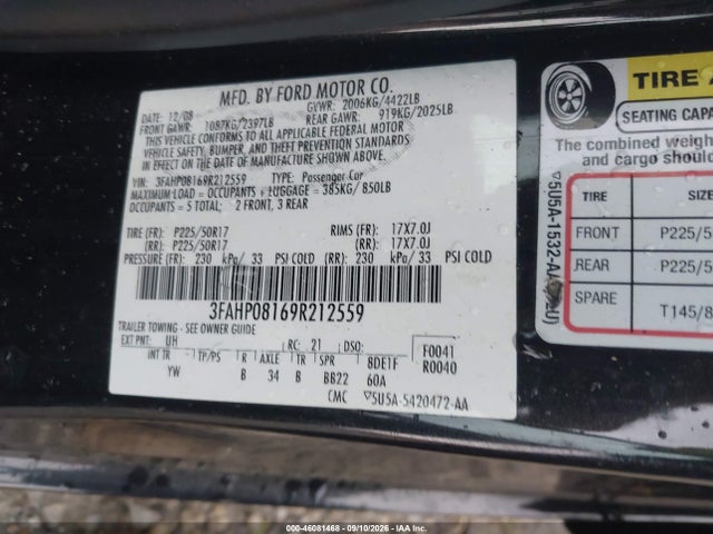 Продаж на аукціоні авто 2009 Ford Fusion Sel, vin: 3FAHP08169R212559, номер лоту: 46081468