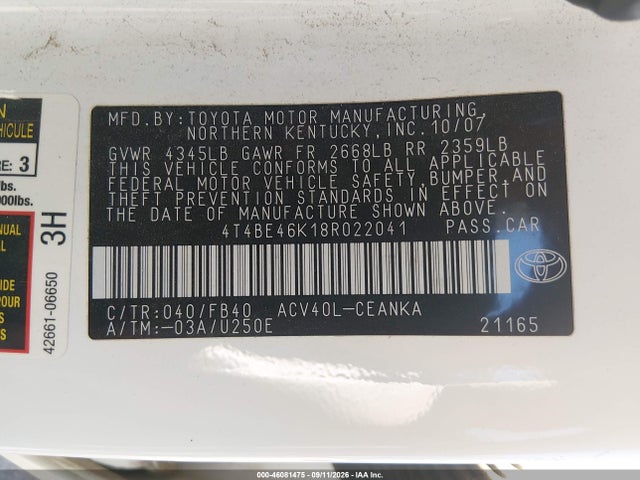 46081475 :رقم المزاد ، 4T4BE46K18R022041 vin ، 2008 Toyota Camry Le مزاد بيع