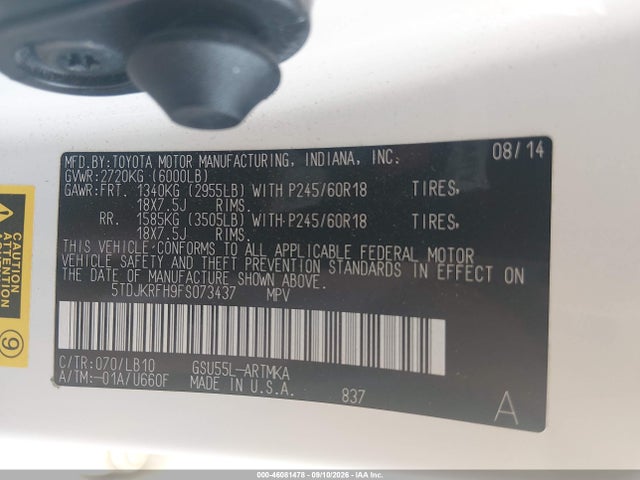 2015 Toyota Highlander Xle V6 მანქანა იყიდება აუქციონზე, vin: 5TDJKRFH9FS073437, აუქციონის ნომერი: 46081478