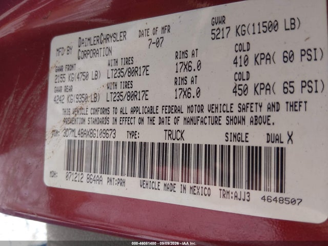 Auction sale of the 2008 Dodge Ram 3500 Slt, vin: 3D7ML48AX8G109673, lot number: 46081480