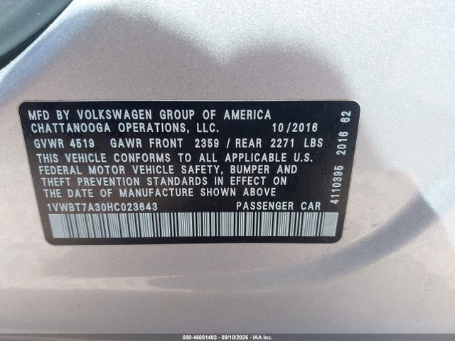 2017 Volkswagen Passat 1.8t Se მანქანა იყიდება აუქციონზე, vin: 1VWBT7A30HC023643, აუქციონის ნომერი: 46081493