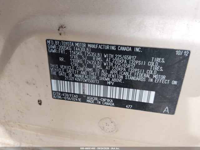 Продажа на аукционе авто 2012 Toyota Rav4, vin: 2T3ZF4DV7CW150013, номер лота: 46081495