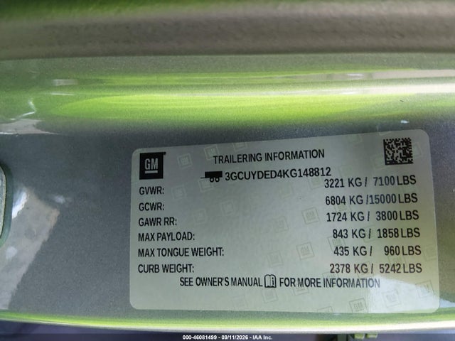 46081499 :رقم المزاد ، 3GCUYDED4KG148812 vin ، 2019 Chevrolet Silverado 1500 Lt مزاد بيع