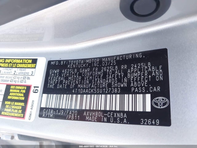 Aukcja sprzedaży 2025 Toyota Camry Le, vin: 4T1DAACK5SU127383, numer aukcji: 46081503