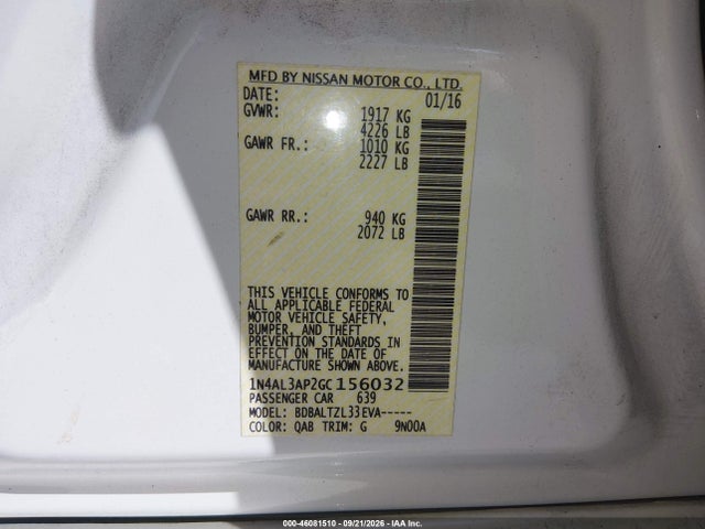 46081510 :رقم المزاد ، 1N4AL3AP2GC156032 vin ، 2016 Nissan Altima 2.5 Sl مزاد بيع