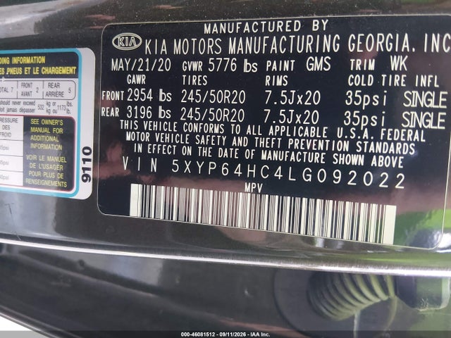 Aukcja sprzedaży 2020 Kia Telluride S, vin: 5XYP64HC4LG092022, numer aukcji: 46081512