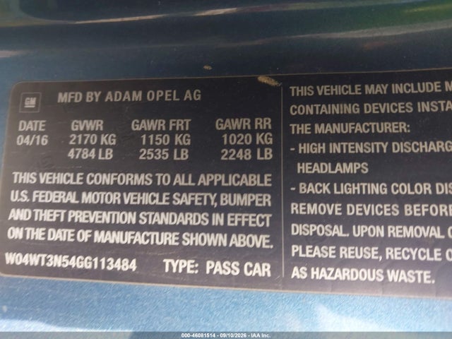 Продажа на аукционе авто 2016 Buick Cascada Premium, vin: W04WT3N54GG113484, номер лота: 46081514