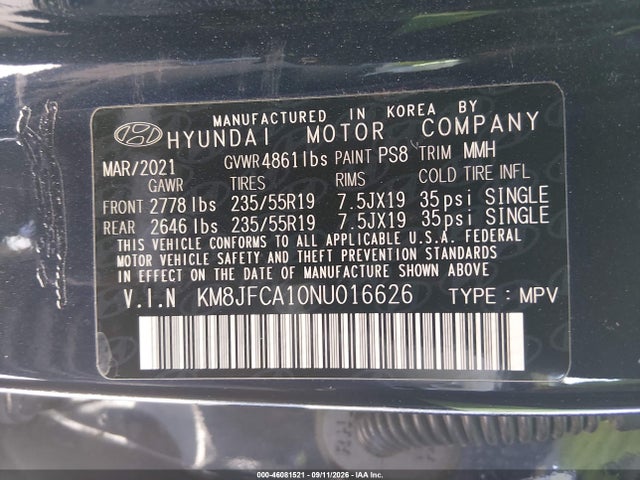 KM8JFCA10NU016626 Hyundai Tucson Hybrid Sel Convenience