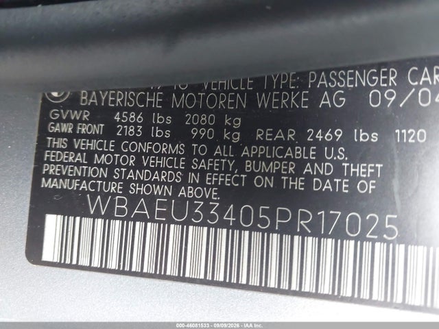 Продаж на аукціоні авто 2005 Bmw 325xi, vin: WBAEU33405PR17025, номер лоту: 46081533