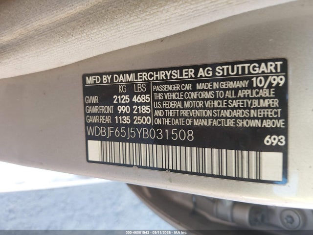 Aukcja sprzedaży 2000 Mercedes-benz E 320, vin: WDBJF65J5YB031508, numer aukcji: 46081543