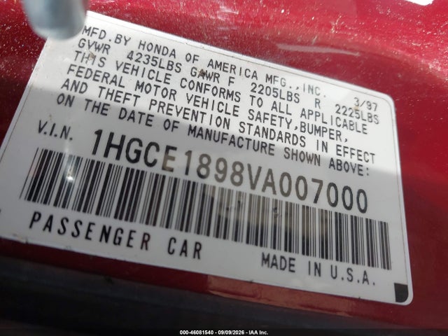 46081540 :رقم المزاد ، 1HGCE1898VA007000 vin ، 1997 Honda Accord Ex مزاد بيع