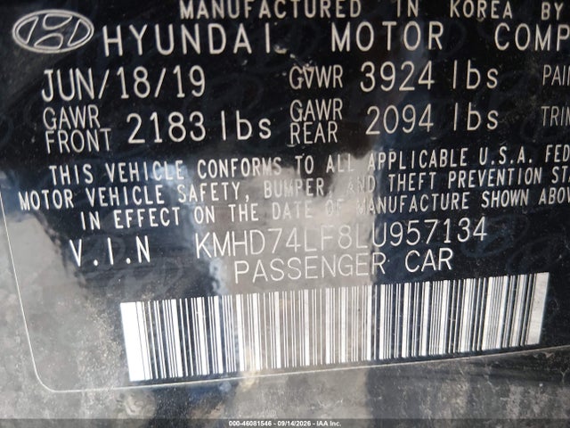 2020 Hyundai Elantra Se მანქანა იყიდება აუქციონზე, vin: KMHD74LF8LU957134, აუქციონის ნომერი: 46081546