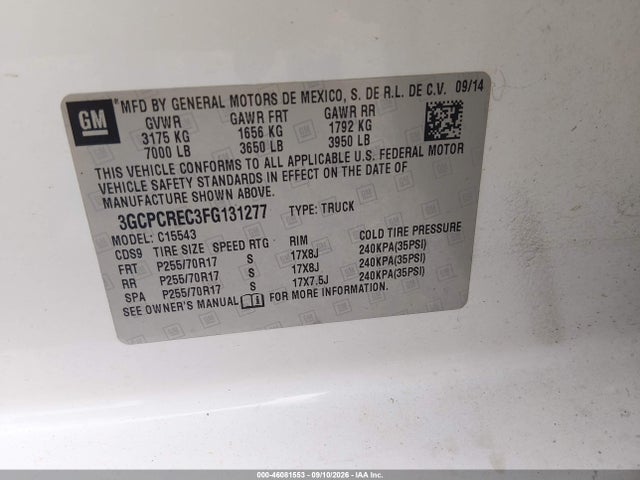 46081553 :رقم المزاد ، 3GCPCREC3FG131277 vin ، 2015 Chevrolet Silverado 1500 1lt مزاد بيع