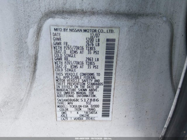 46081559 :رقم المزاد ، 5N1AN08U68C517886 vin ، 2008 Nissan Xterra X مزاد بيع
