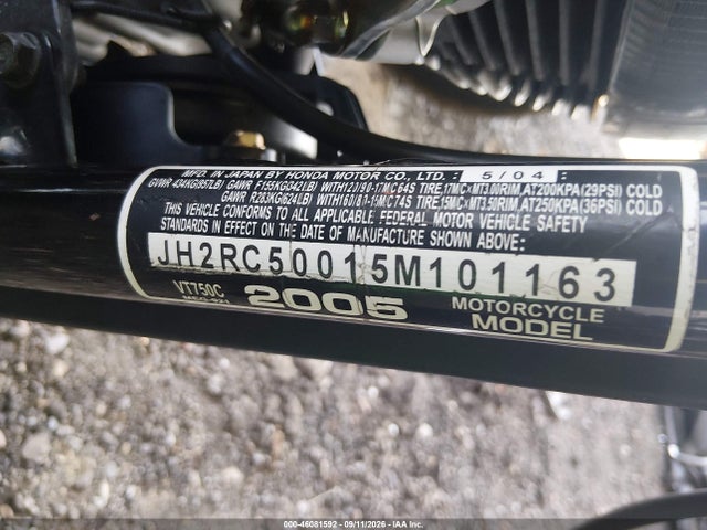 2005 Honda Vt750 C მანქანა იყიდება აუქციონზე, vin: JH2RC50015M101163, აუქციონის ნომერი: 46081592