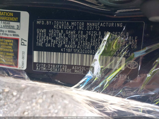 2012 Toyota Camry Se მანქანა იყიდება აუქციონზე, vin: 4T1BF1FK2CU082070, აუქციონის ნომერი: 46081619