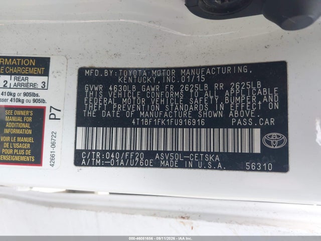 Aukcja sprzedaży 2015 Toyota Camry Se, vin: 4T1BF1FK1FU916916, numer aukcji: 46081656