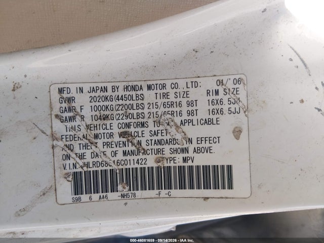 Продаж на аукціоні авто 2006 Honda Cr-v Lx, vin: JHLRD68516C011422, номер лоту: 46081659