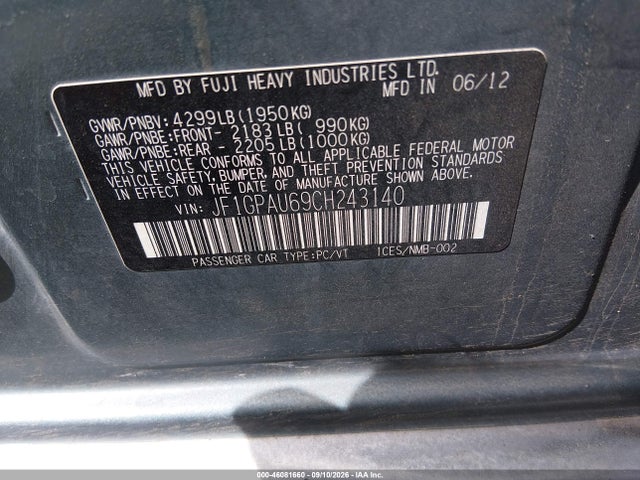 2012 Subaru Impreza 2.0i Sport Limited მანქანა იყიდება აუქციონზე, vin: JF1GPAU69CH243140, აუქციონის ნომერი: 46081660