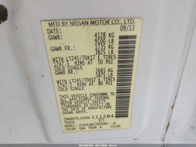 2013 Nissan Nv Cargo Nv2500 Hd S V6 მანქანა იყიდება აუქციონზე, vin: 1N6BF0LX4DN111284, აუქციონის ნომერი: 46081663