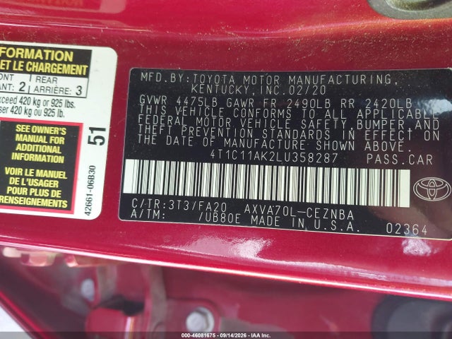 4T1C11AK2LU358287 Toyota CAMRY LE